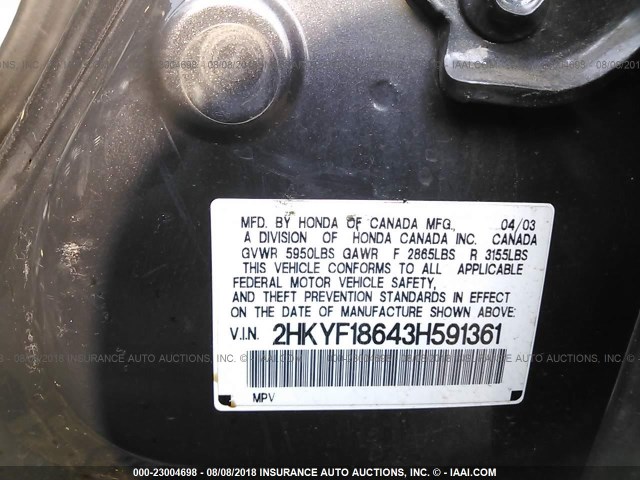 2HKYF18643H591361 - 2003 HONDA PILOT EXL GRAY photo 9