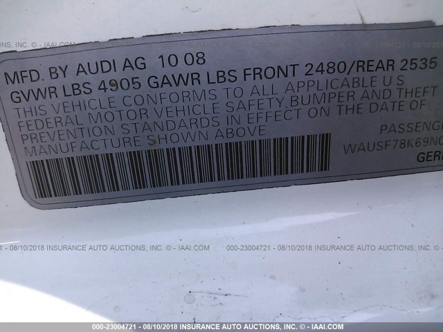 WAUSF78K69N035466 - 2009 AUDI A4 PREMIUM PLUS WHITE photo 9