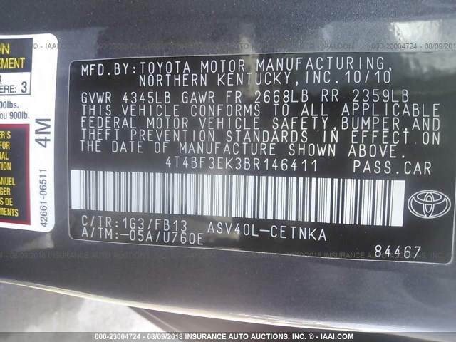 4T4BF3EK3BR146411 - 2011 TOYOTA CAMRY SE/LE/XLE GRAY photo 9