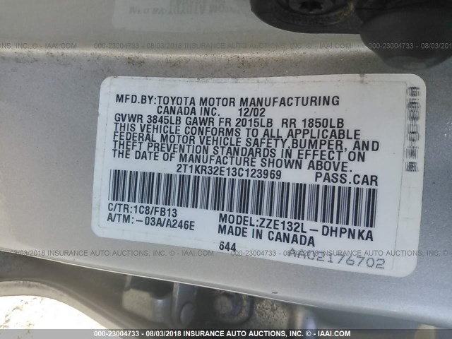 2T1KR32E13C123969 - 2003 TOYOTA COROLLA MATRIX XR SILVER photo 9