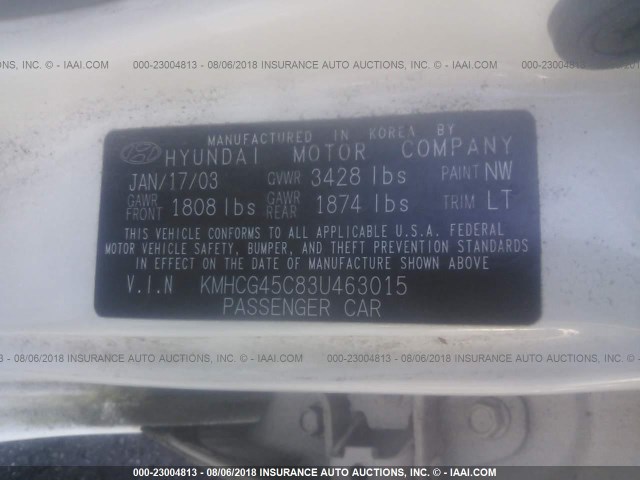 KMHCG45C83U463015 - 2003 HYUNDAI ACCENT GL WHITE photo 9