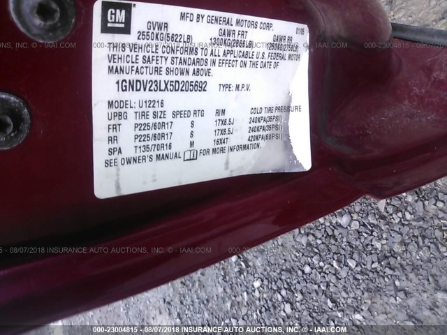 1GNDV23LX5D205692 - 2005 CHEVROLET UPLANDER LS RED photo 9