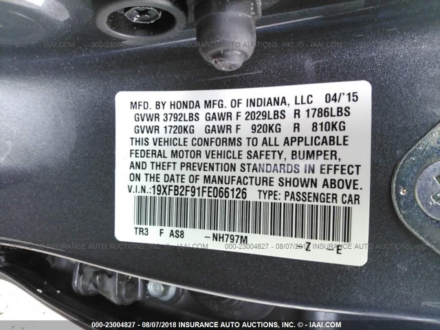 19XFB2F91FE066126 - 2015 HONDA CIVIC EXL 灰色 照片 9
