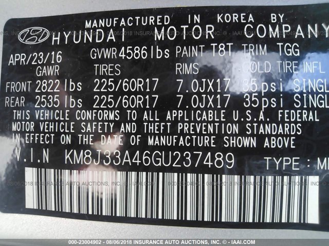 KM8J33A46GU237489 - 2016 HYUNDAI TUCSON LIMITED/SPORT AND ECO/SE SILVER photo 9