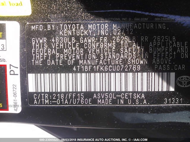 4T1BF1FK6CU072769 - 2012 TOYOTA CAMRY SE/LE/XLE BLACK photo 9