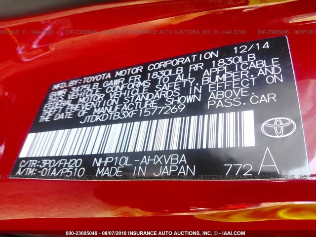 JTDKDTB3XF1577269 - 2015 TOYOTA PRIUS C RED photo 9