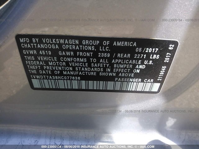 1VWDT7A38HC077636 - 2017 VOLKSWAGEN PASSAT R-LINE Gümüş foto 9