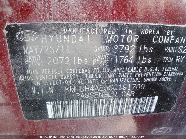 KMHDH4AE5CU191709 - 2012 HYUNDAI ELANTRA GLS/LIMITED BLACK photo 9