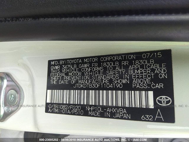 JTDKDTB30F1104190 - 2015 TOYOTA PRIUS C WHITE photo 9