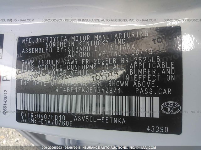 4T4BF1FK3ER342971 - 2014 TOYOTA CAMRY L/SE/LE/XLE 白色 照片 9