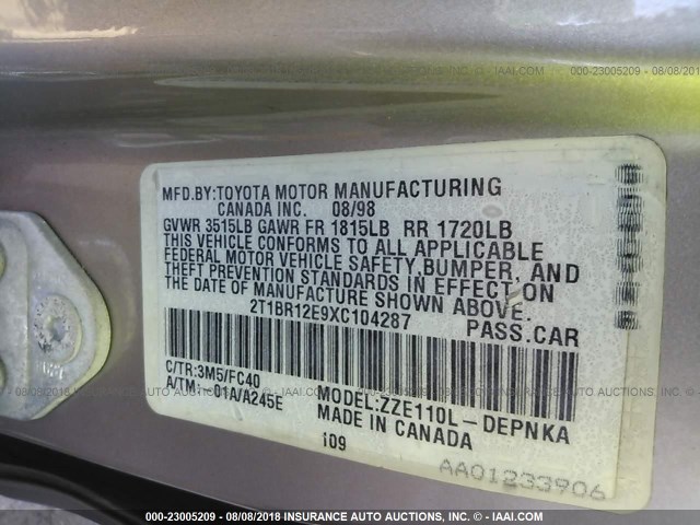 2T1BR12E9XC104287 - 1999 TOYOTA COROLLA VE/CE/LE 棕色 照片 9