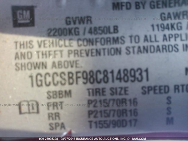 1GCCSBF98C8148931 - 2012 CHEVROLET COLORADO RED photo 9