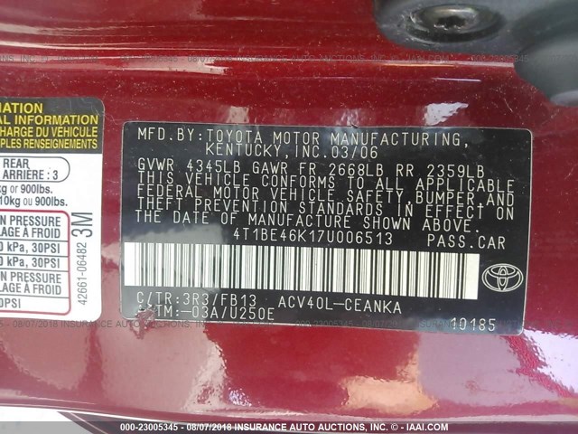 4T1BE46K17U006513 - 2007 TOYOTA CAMRY NEW GENERAT CE/LE/XLE/SE RED photo 9