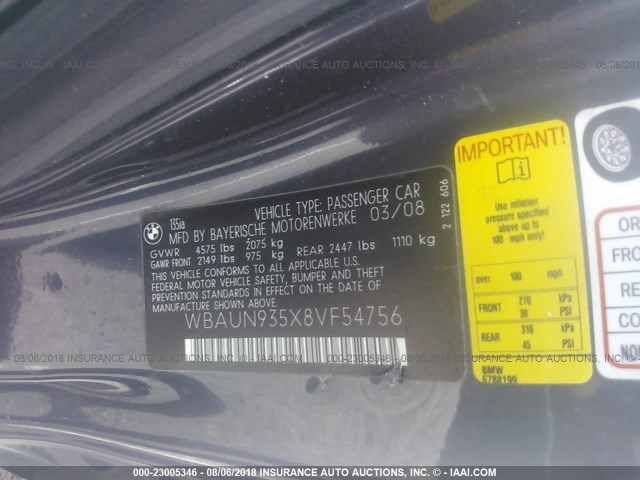 WBAUN935X8VF54756 - 2008 BMW 135 I GRAY photo 9