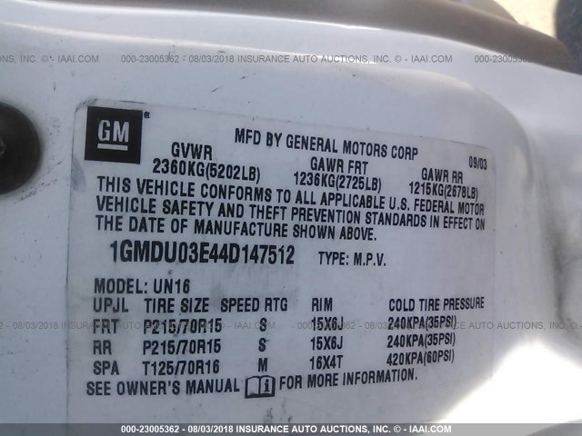 1GMDU03E44D147512 - 2004 PONTIAC MONTANA WHITE photo 9