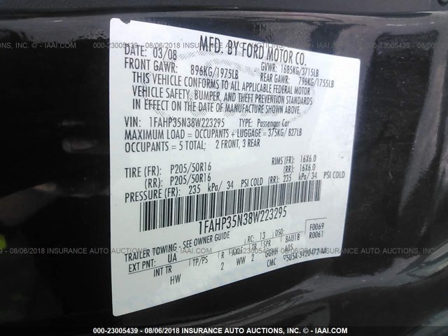 1FAHP35N38W223295 - 2008 FORD FOCUS SE/SEL/SES BLACK photo 9