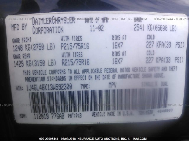 1J4GL48K13W592300 - 2003 JEEP LIBERTY SPORT/FREEDOM შავი ფოტო 9