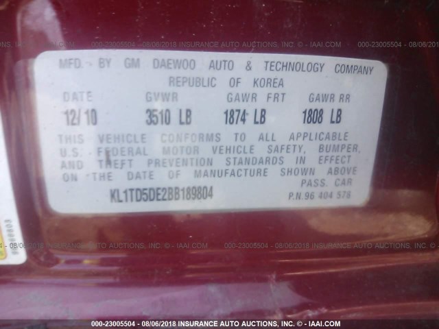 KL1TD5DE2BB189804 - 2011 CHEVROLET AVEO LS/LT RED photo 9