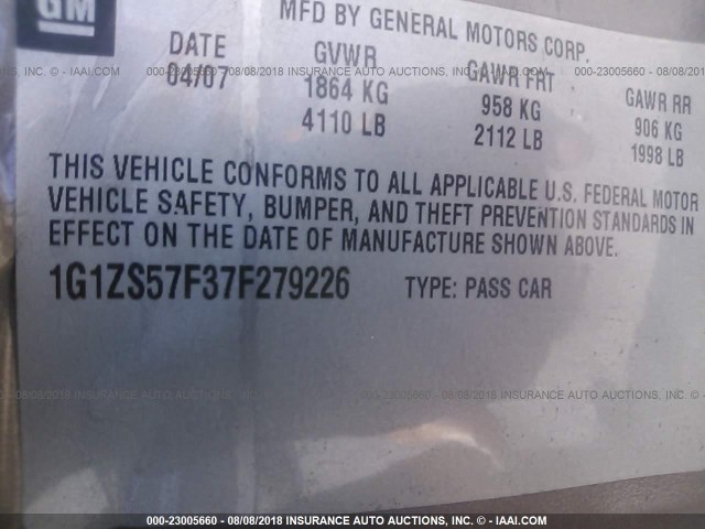 1G1ZS57F37F279226 - 2007 CHEVROLET MALIBU LS Şampan foto 9