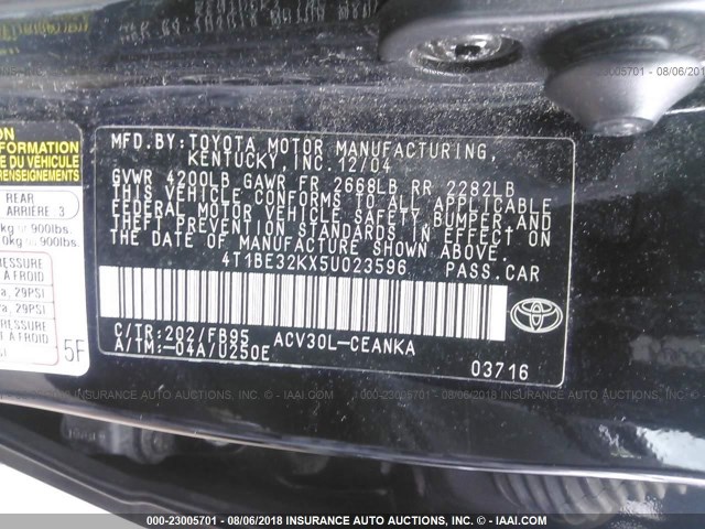4T1BE32KX5U023596 - 2005 TOYOTA CAMRY LE/XLE/SE Qara foto 9