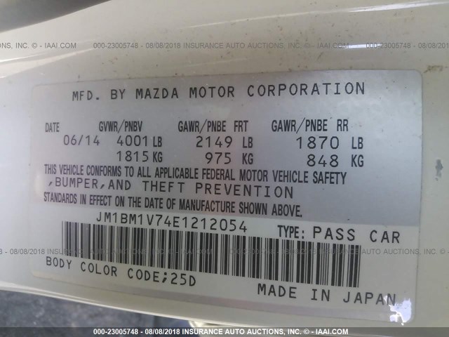 JM1BM1V74E1212054 - 2014 MAZDA 3 TOURING WHITE photo 9