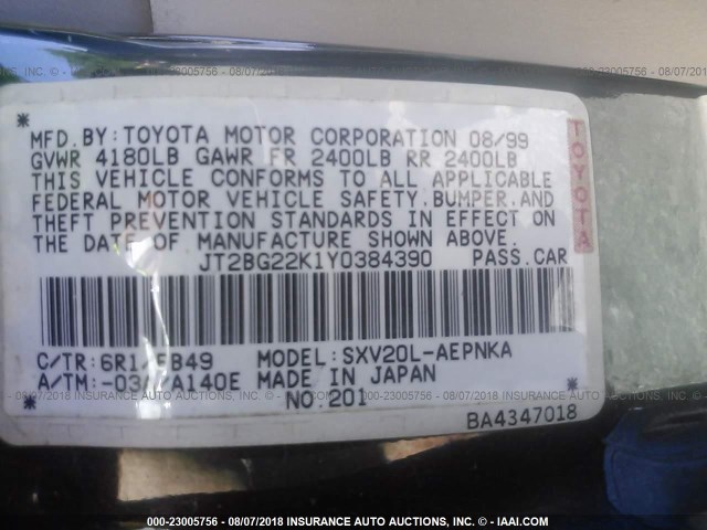 JT2BG22K1Y0384390 - 2000 TOYOTA CAMRY CE/LE/XLE 绿色 照片 9