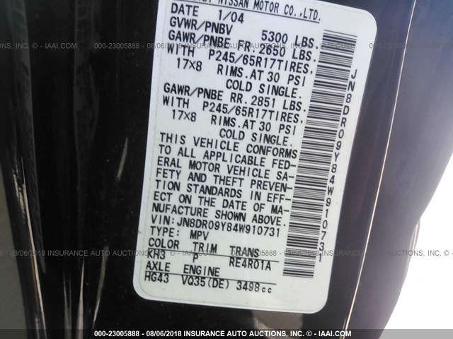 JN8DR09Y84W910731 - 2004 NISSAN PATHFINDER LE/SE BLACK photo 9