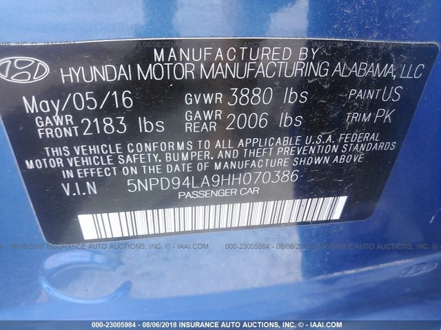 5NPD94LA9HH070386 - 2017 HYUNDAI ELANTRA ECO BLUE photo 9