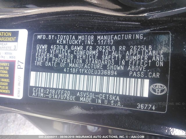 4T1BF1FK0EU336894 - 2014 TOYOTA CAMRY L/SE/LE/XLE შავი ფოტო 9