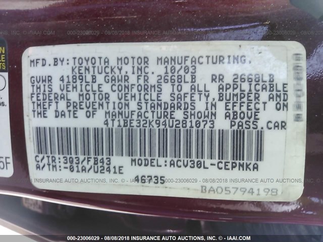 4T1BE32K94U281073 - 2004 TOYOTA CAMRY LE/XLE/SE Qırmızı foto 9