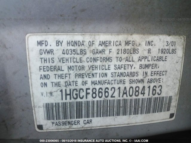 1HGCF86621A084163 - 2001 HONDA ACCORD VALUE SILVER photo 9