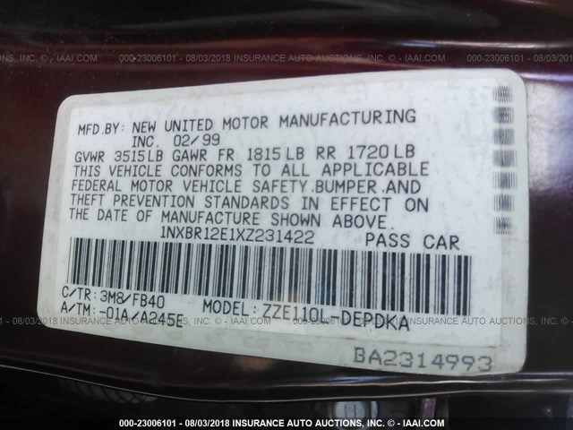 1NXBR12E1XZ231422 - 1999 TOYOTA COROLLA VE/CE/LE 红色 照片 9