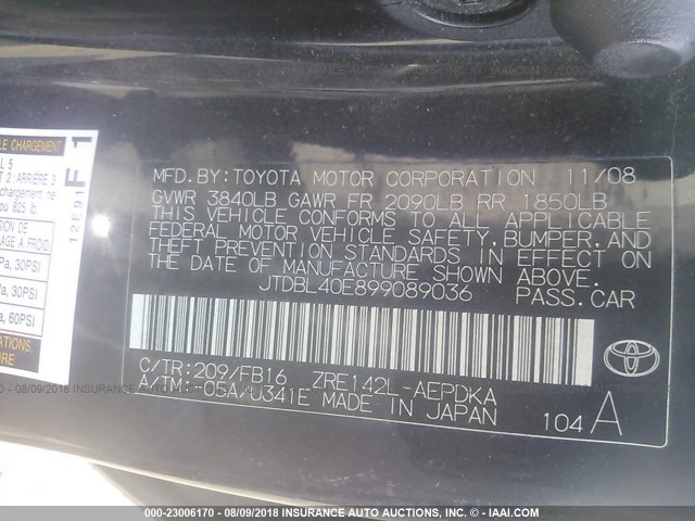 JTDBL40E899089036 - 2009 TOYOTA COROLLA LE/XLE BLACK photo 9