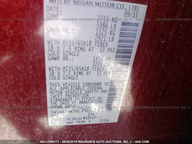 5N1AR2MN7FC708745 - 2015 NISSAN PATHFINDER S/SV/SL/PLATINUM 红色 照片 9