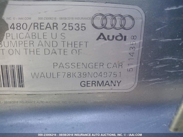 WAULF78K39N049751 - 2009 AUDI A4 2.0T QUATTRO GRAY photo 9