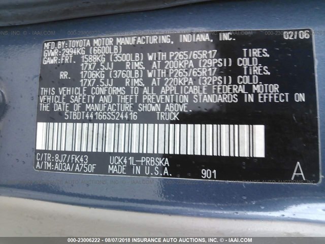 5TBDT44166S524416 - 2006 TOYOTA TUNDRA DOUBLE CAB SR5 BLUE photo 9