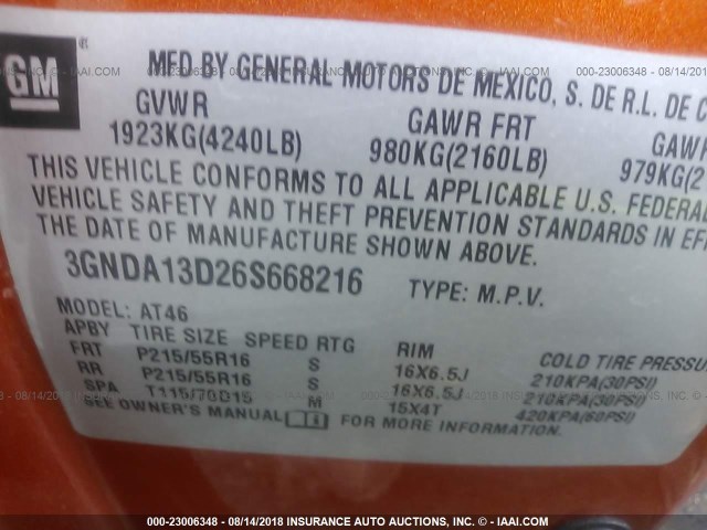 3GNDA13D26S668216 - 2006 CHEVROLET HHR LS Naranja foto 9