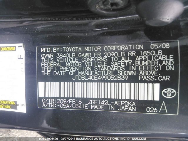 JTDBL40E499052839 - 2009 TOYOTA COROLLA LE/XLE BLACK photo 9