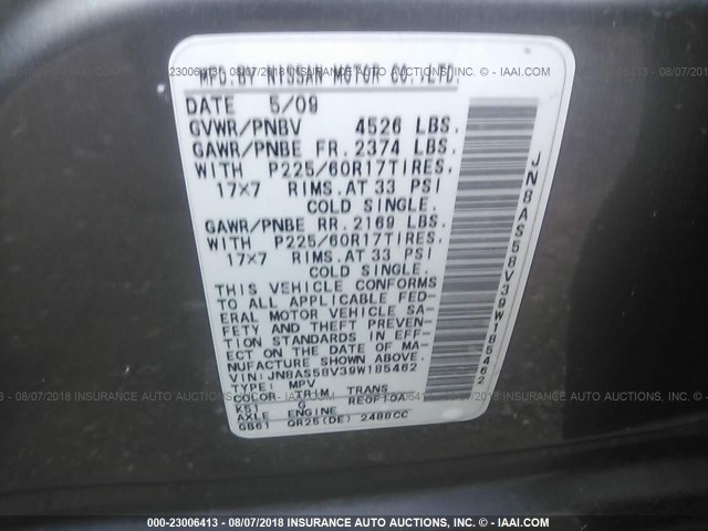 JN8AS58V39W185462 - 2009 NISSAN ROGUE S/SL SILVER photo 9