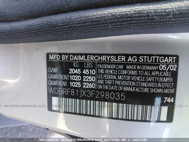 WDBRF81JX3F298035 - 2003 MERCEDES-BENZ C 240 4MATIC SILVER photo 9