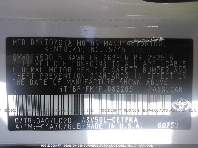 4T1BF1FK1FU082209 - 2015 TOYOTA CAMRY LE/XLE/SE/XSE WHITE photo 9