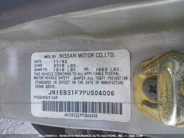 JN1EB31F7PU504006 - 1993 NISSAN SENTRA E/XE/GXE SILVER photo 9