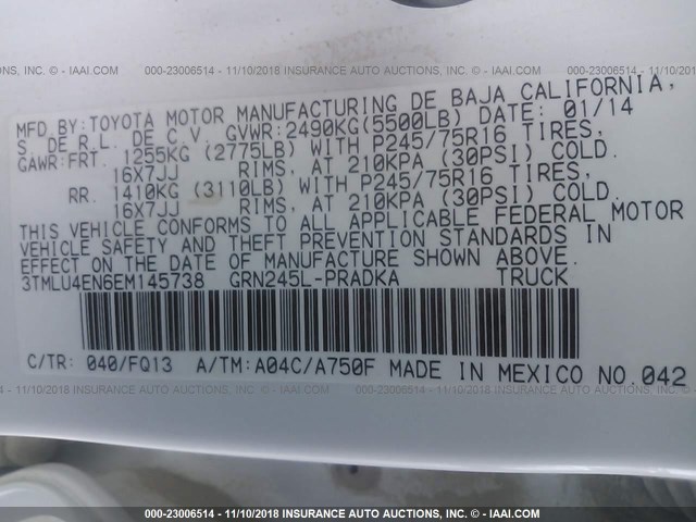 3TMLU4EN6EM145738 - 2014 TOYOTA TACOMA DOUBLE CAB 白色 照片 9