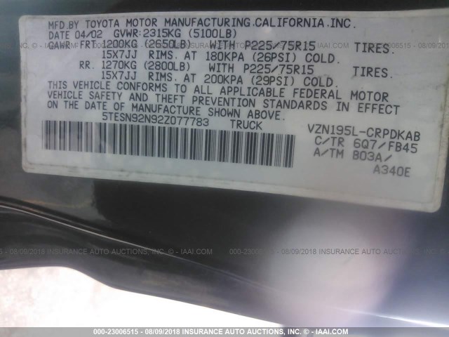 5TESN92N92Z077783 - 2002 TOYOTA TACOMA XTRACAB PRERUNNER მწვანე ფოტო 9