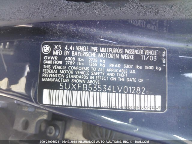 5UXFB53534LV01282 - 2004 BMW X5 4.4I Dark Blue photo 9