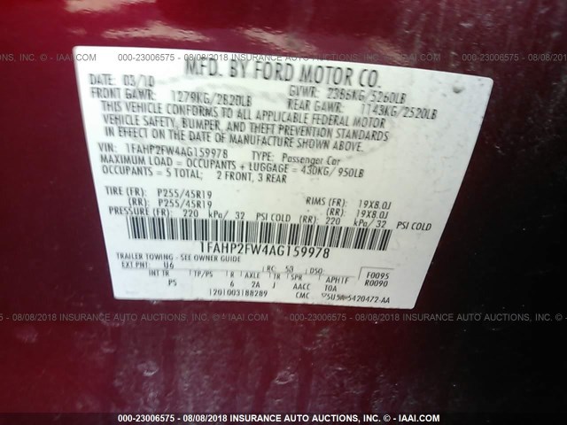 1FAHP2FW4AG159978 - 2010 FORD TAURUS LIMITED RED photo 9