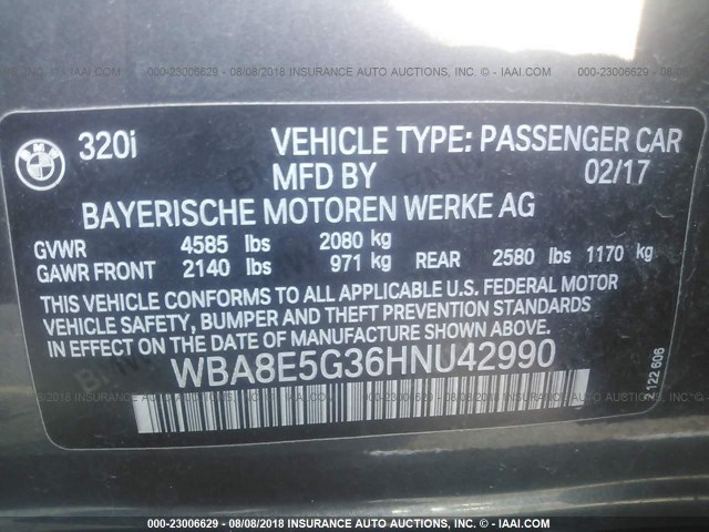 WBA8E5G36HNU42990 - 2017 BMW 320 XI GRAY photo 9