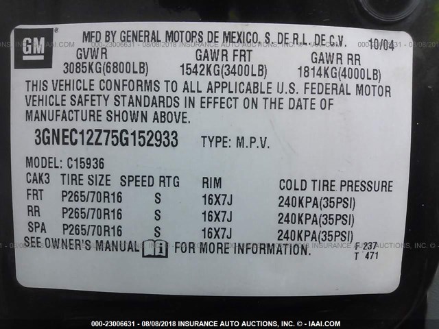 3GNEC12Z75G152933 - 2005 CHEVROLET AVALANCHE C1500 BLACK photo 9