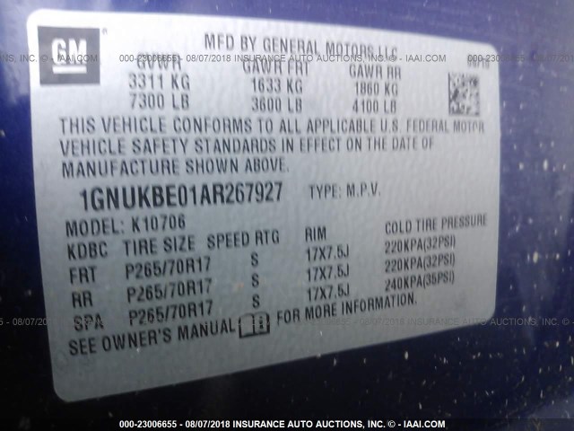 1GNUKBE01AR267927 - 2010 CHEVROLET TAHOE K1500 LT BLUE photo 9