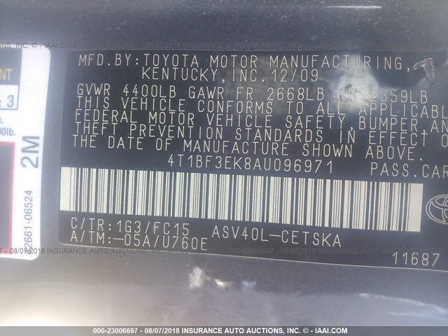 4T1BF3EK8AU096971 - 2010 TOYOTA CAMRY SE/LE/XLE BLACK photo 9
